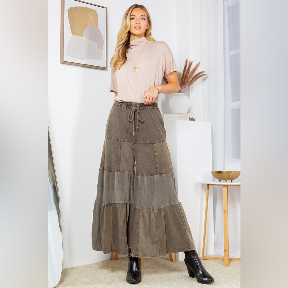 Gorgeous Cotton & Waffle Knit Patched Brown Wide Pants with Drawstring W… - Picture 2 of 10